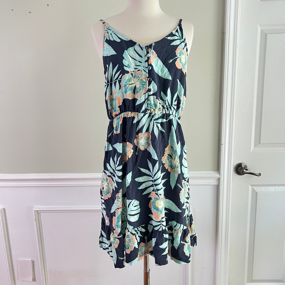 Roxy Floral Sundress L? Womens Tropical Button Front Ruffle Navy Blue Beach Boho